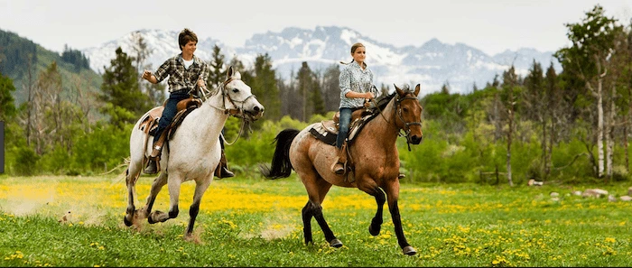 Confident plus-size woman riding Sutton a horse through a field with a smile on her face.